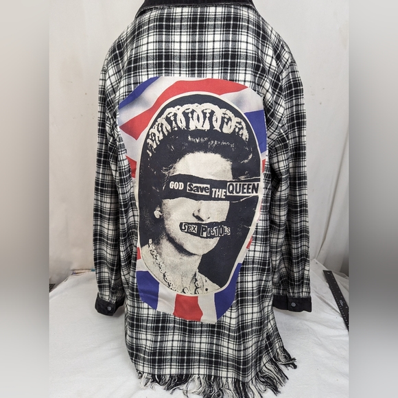 Sex Pistols God Save The Queen B&W Flannel Front Button Shirt w/Fringe - Picture 9 of 13
